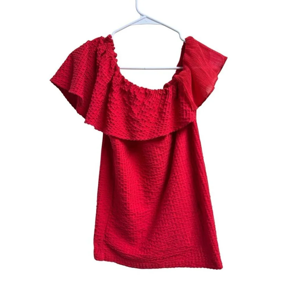 Club Monaco Red Off Shoulder Textured Top Small Petite Stretch